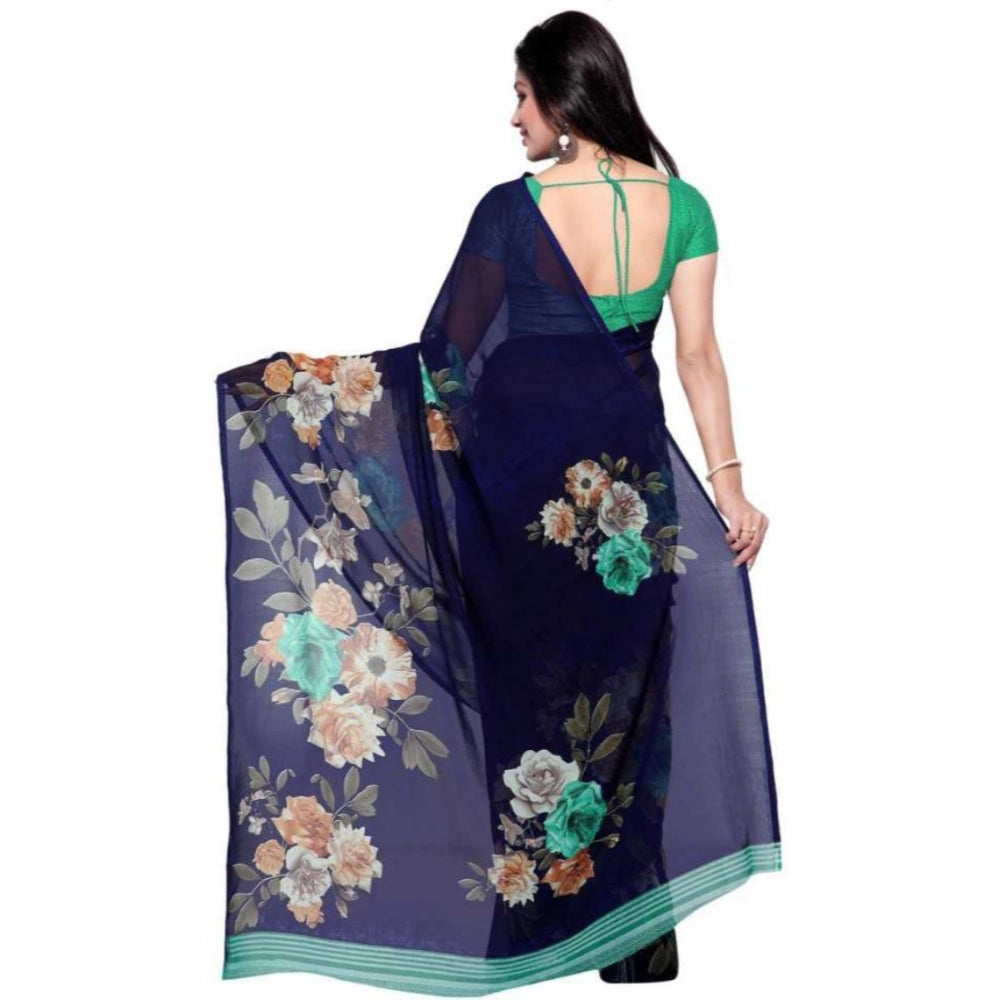 Blue faux georgette printed saree with unstitched blouse, 5.5mtr length on mannequin