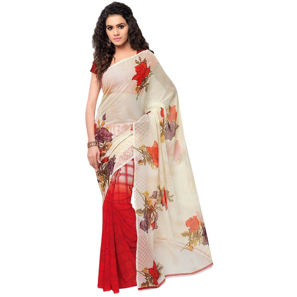 Red faux georgette printed saree with unstitched blouse, 5.5mtr length on mannequin