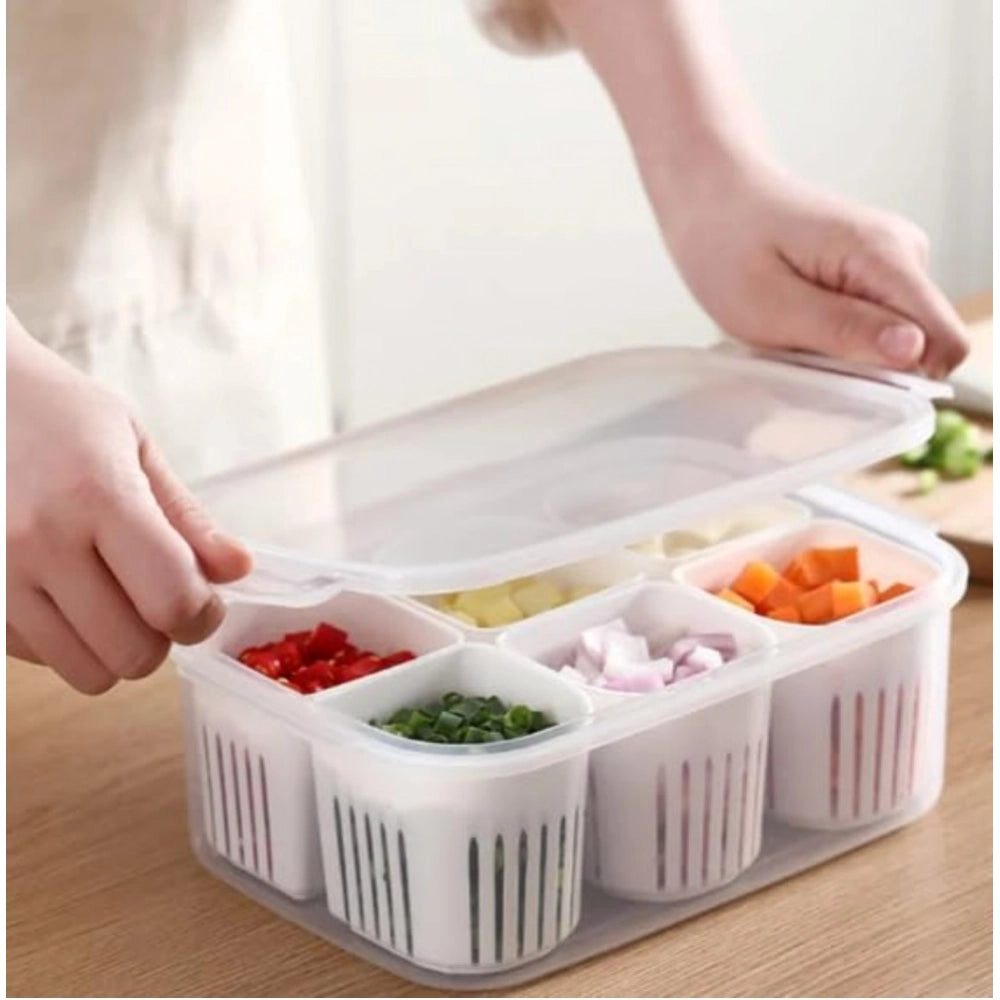 Assorted plastic food storage box with 6 compartments, ideal for refrigerator organization
