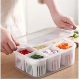 Assorted plastic food storage box with 6 compartments, ideal for refrigerator organization