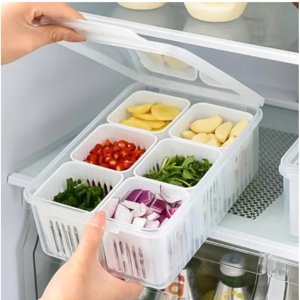Assorted plastic food storage box with lid and 6 compartments, ideal for fridge organization