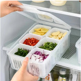 Assorted plastic food storage box with lid and 6 compartments, ideal for fridge organization