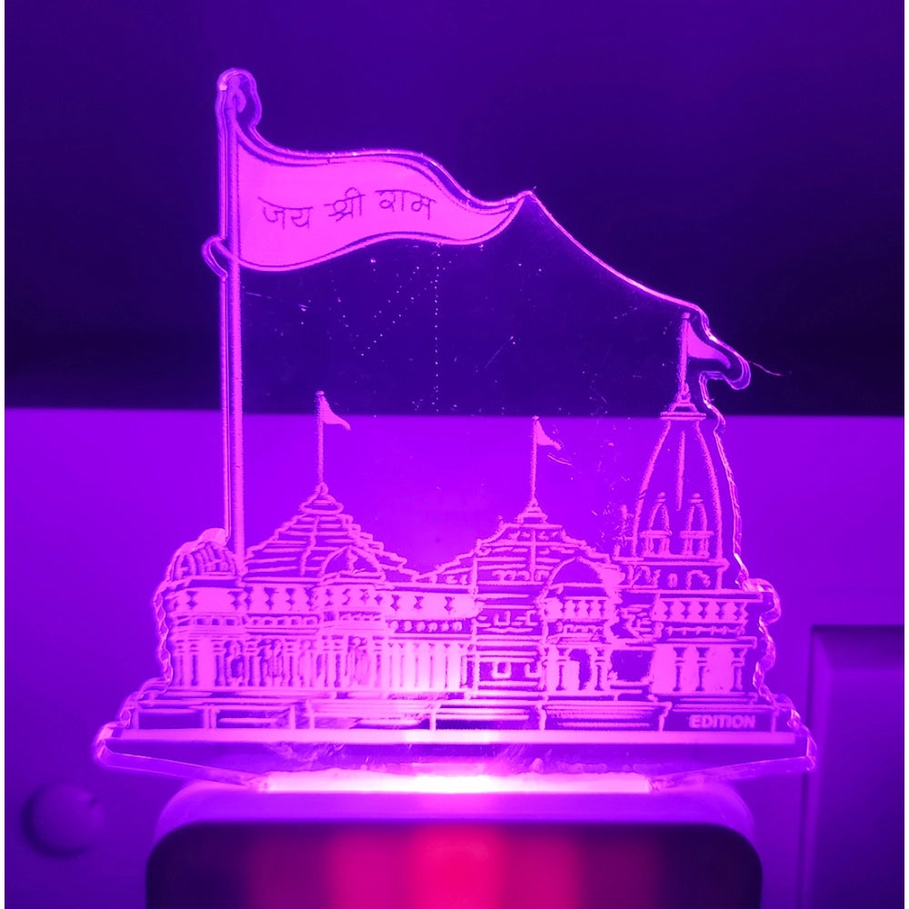 A night lamp designed as a Jain temple with an AC adapter, purple hue