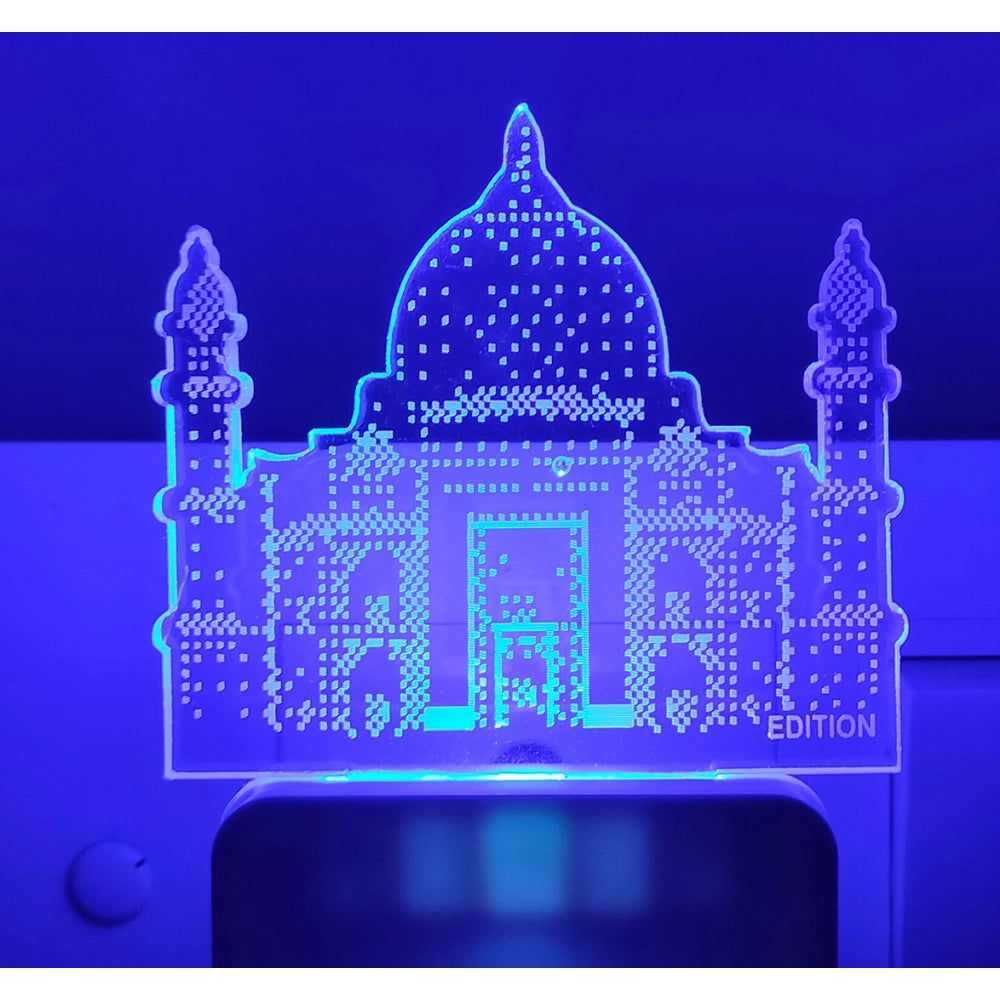 Taj Mahal night lamp, blue LED illuminated, intricate white filigree design