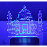 Taj Mahal night lamp, blue LED illuminated, intricate white filigree design