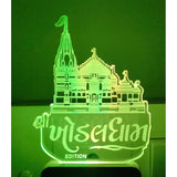 Green neon light depicting Buddha Temple and night lamp