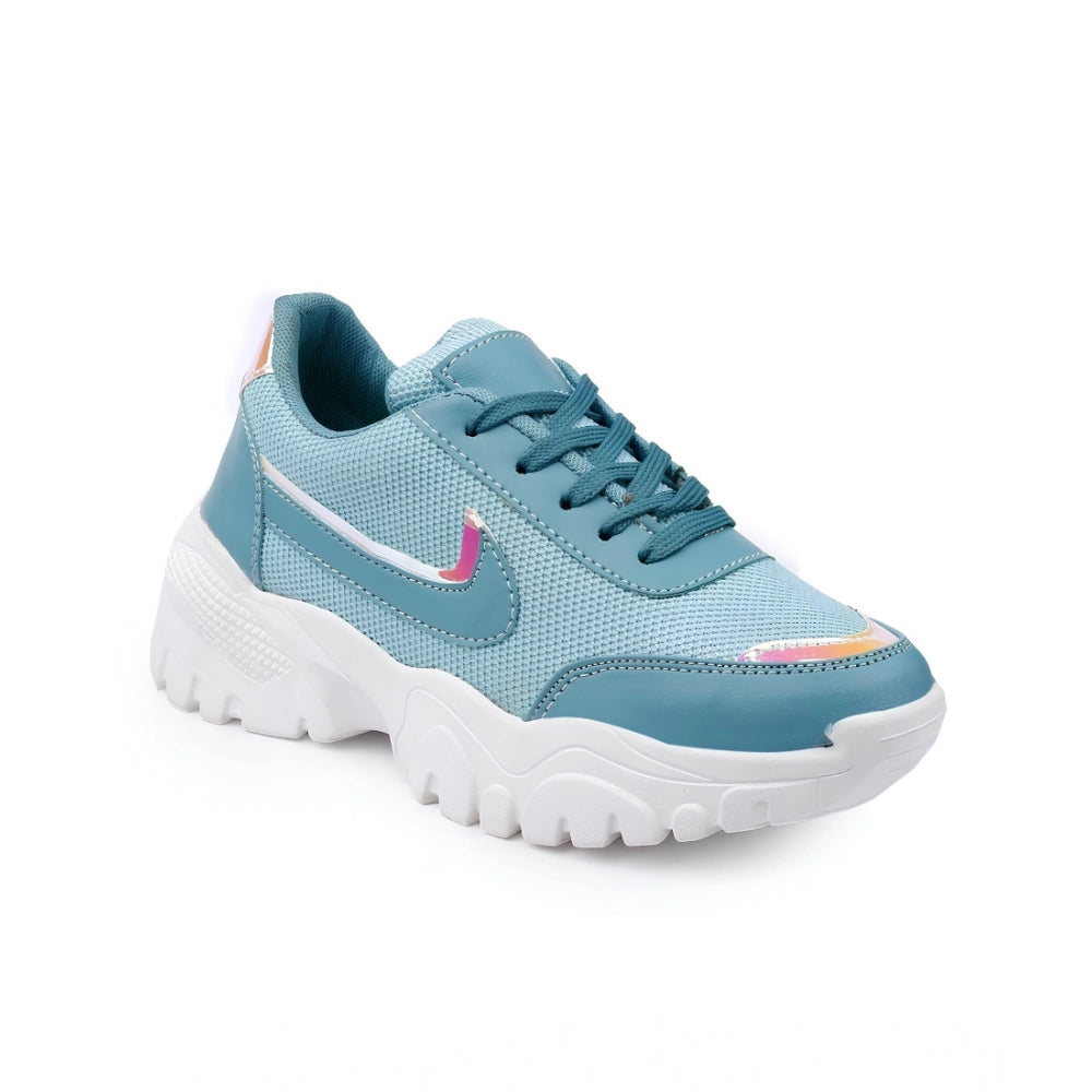 Blue mesh lace-up sneakers with printed design, Lycra inner material, Airmix sole on flat heel for casual wear