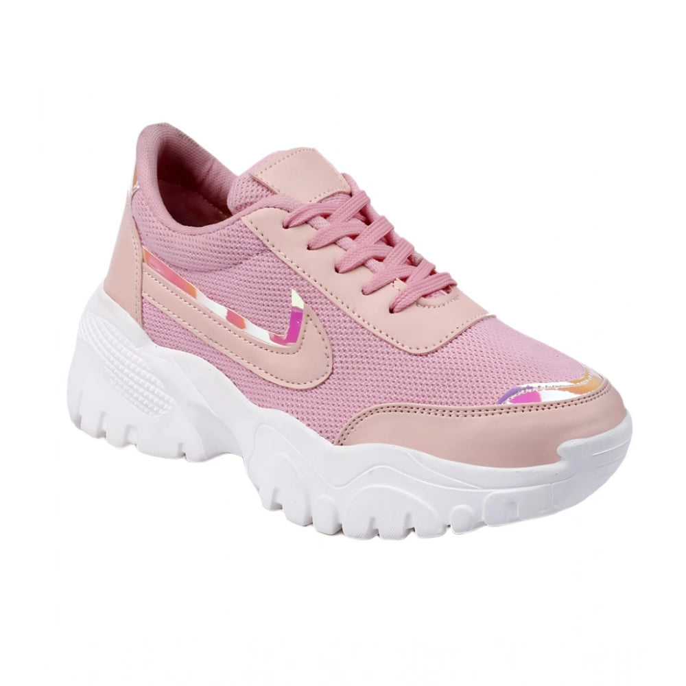 Pink mesh lace-up shoes with printed pattern, comfortable Lycra interior for casual wear