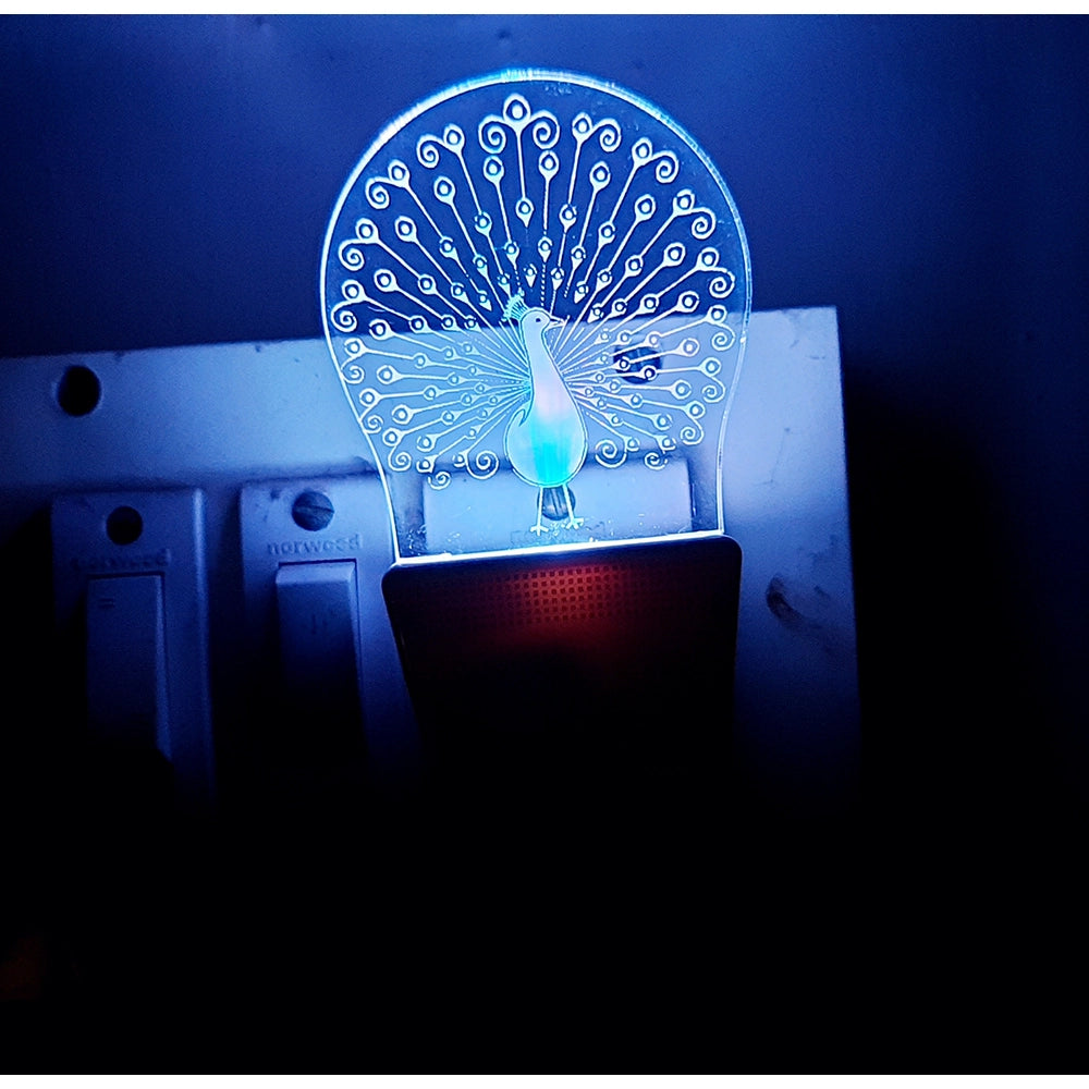 Night lamp with peacock motif, blue light bulb, electric cord
