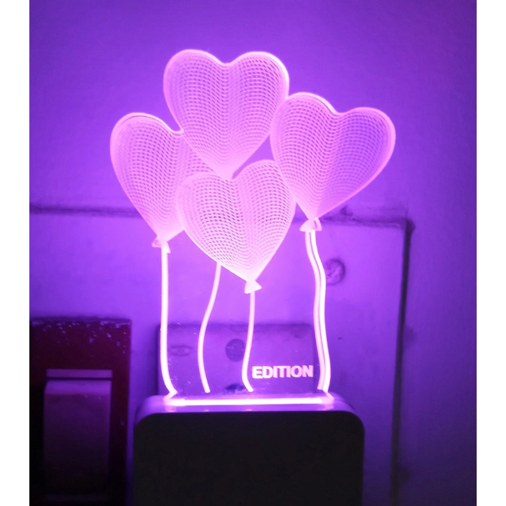 A purple night lamp shaped like four heart balloons with a white LED bulb inside