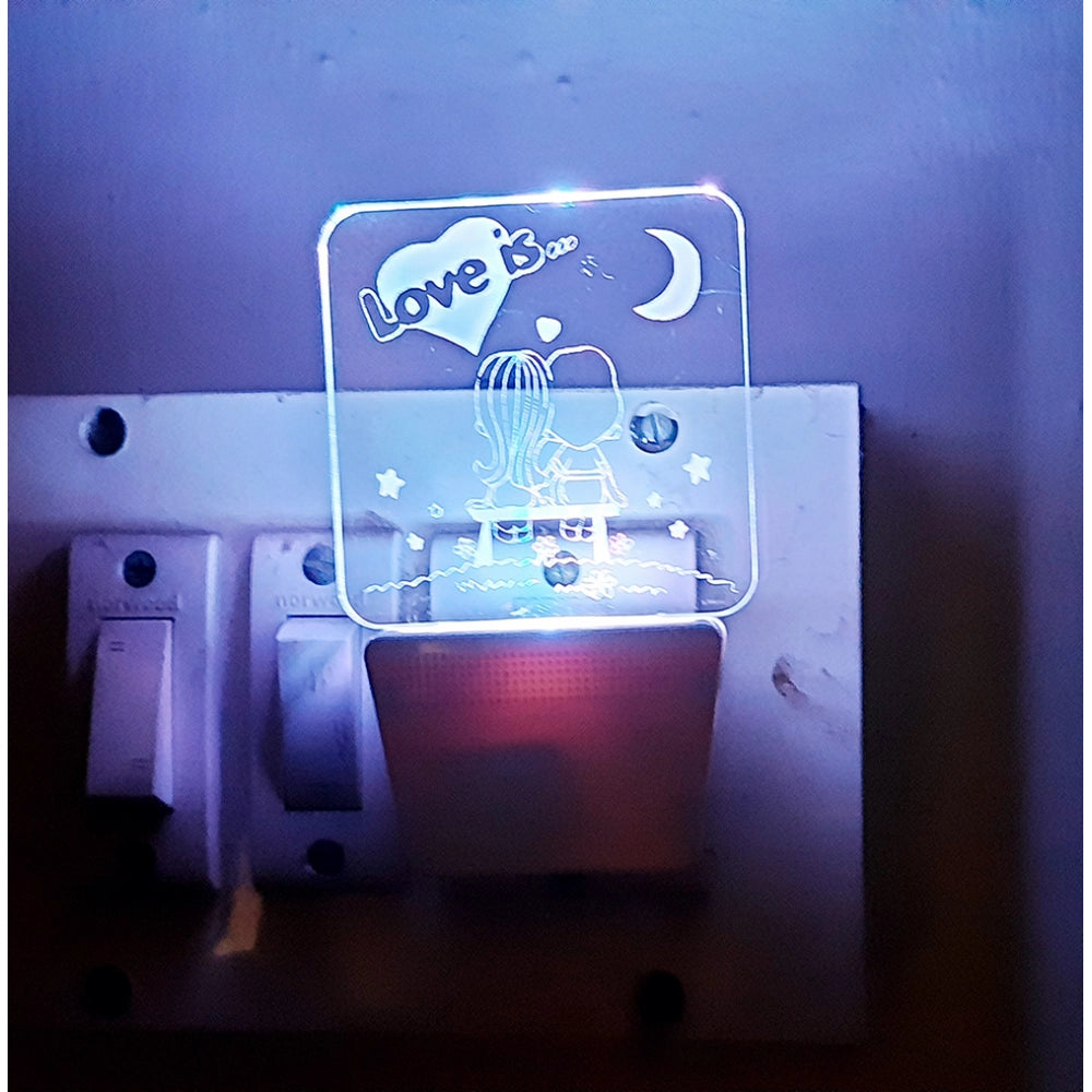 LED night lamp with 'love is with half moon' inscription, white frame, and starry sky graphic
