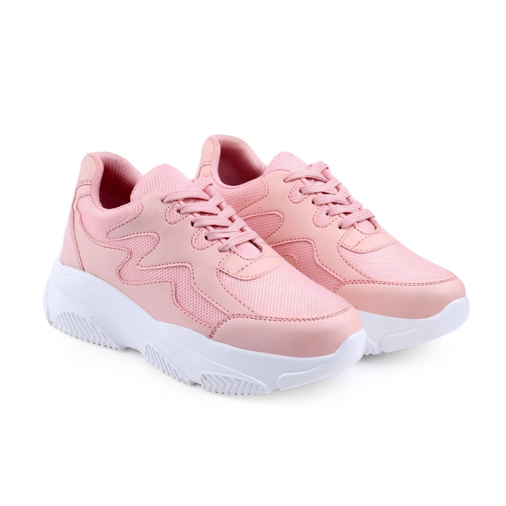 Pink mesh lace-up shoes with printed design, women's casual flat heel on foot