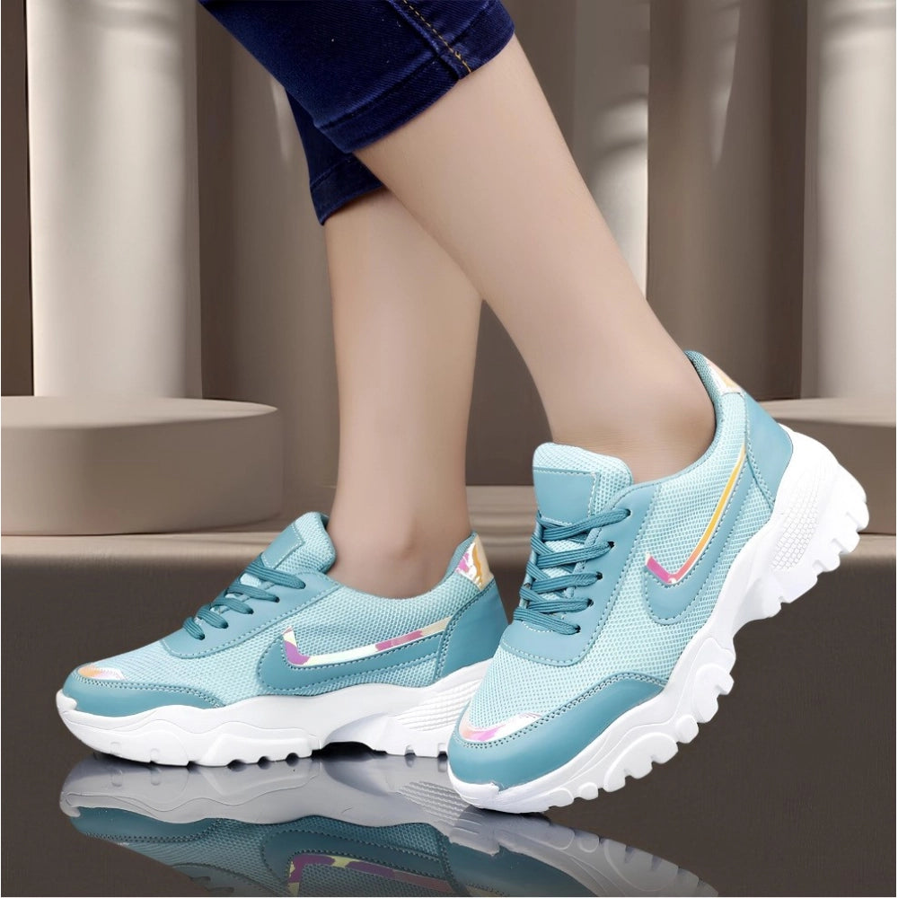 Blue mesh lace-up shoes with printed pattern, comfortable Lycra inner material and Airmix sole for casual wear (color may vary)