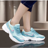 Blue mesh printed lace-up shoes for women with airmix sole and lycra inner material on a casual footwear display