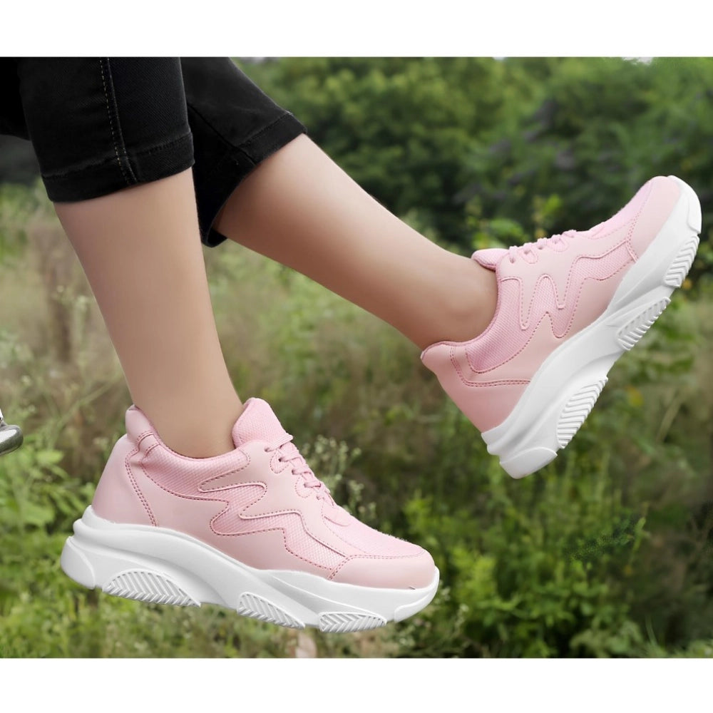 Pink mesh lace-up shoes with printed pattern, Lycra inner material, Airmix sole for women's casual wear