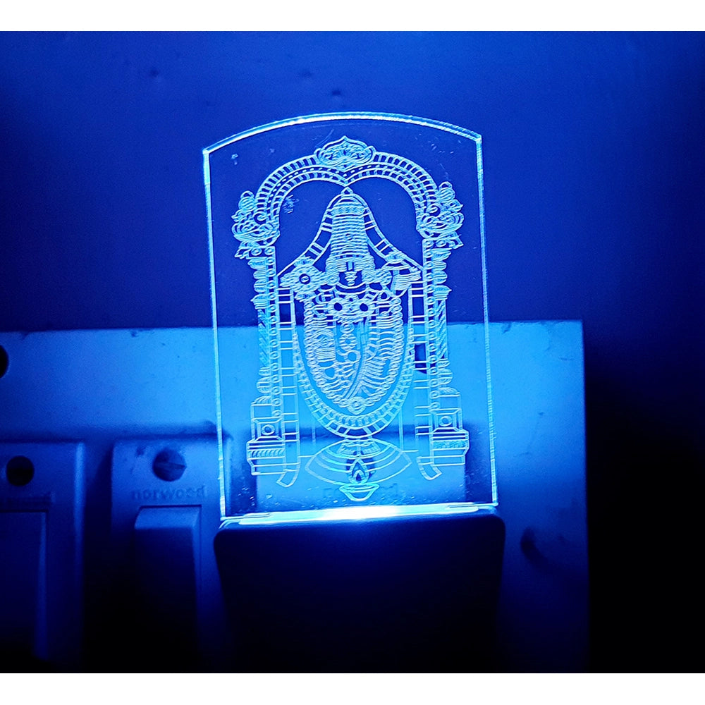 A clear plastic night lamp with an LED light, designed as a religious icon, blue illumination