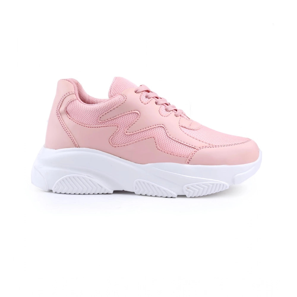 Pink mesh casual shoes with printed lace-ups and flat heels