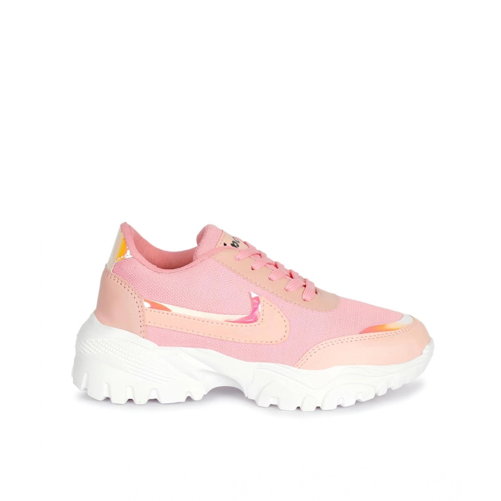 Pink casual mesh printed lace-up shoes