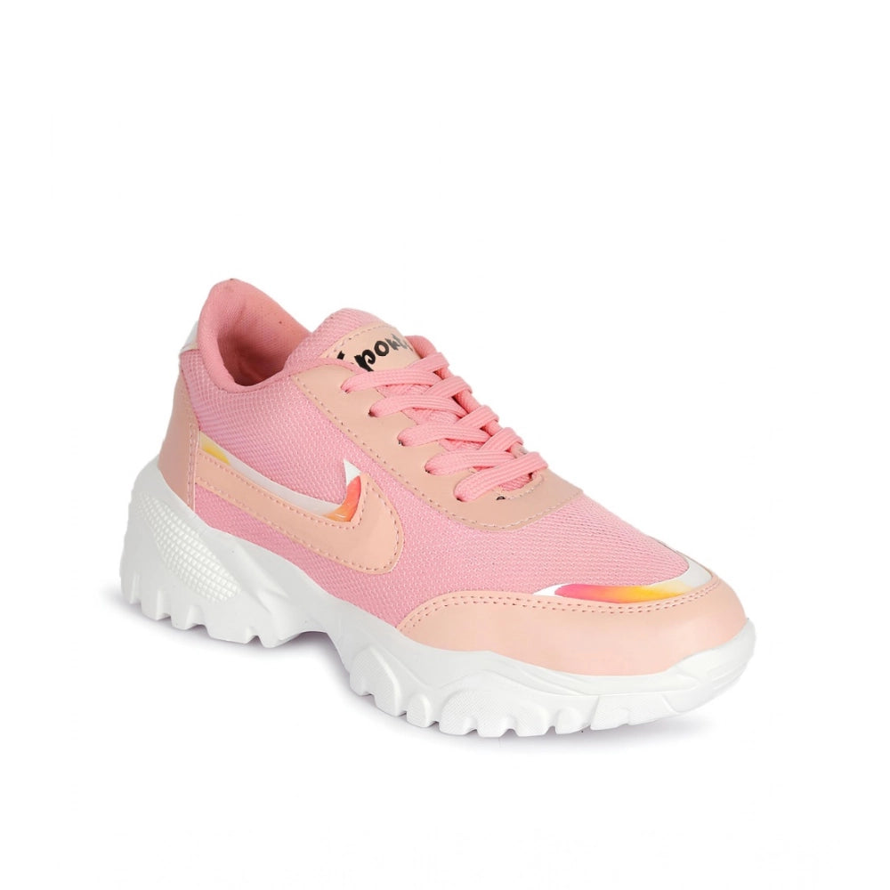 Pink sports shoes with mesh panels and lace-up design