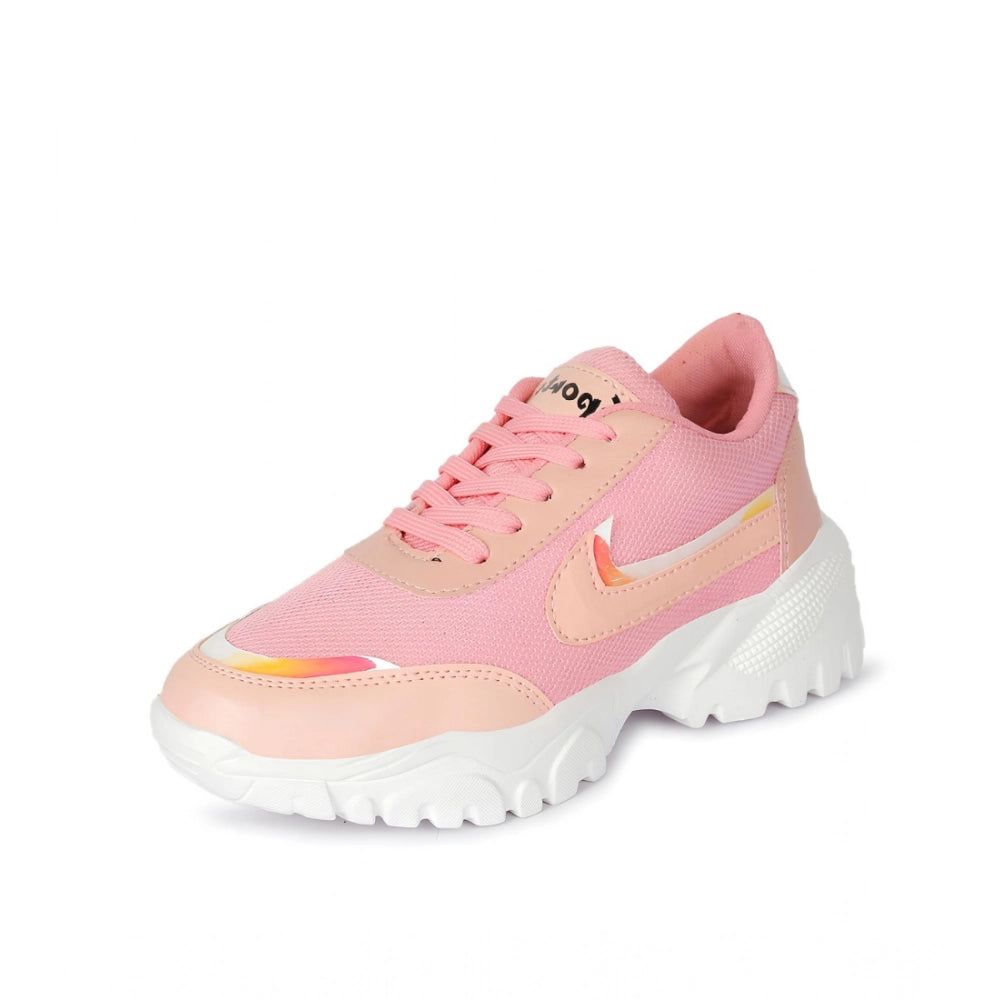 Pink mesh print shoes with lace-ups and white soles