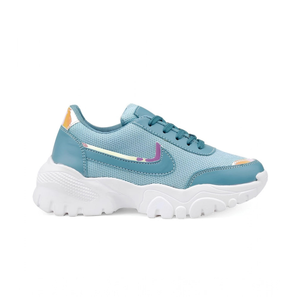 Blue mesh lace-up sneakers with printed design, featuring Lycra inner material and Airmix sole on a flat heel