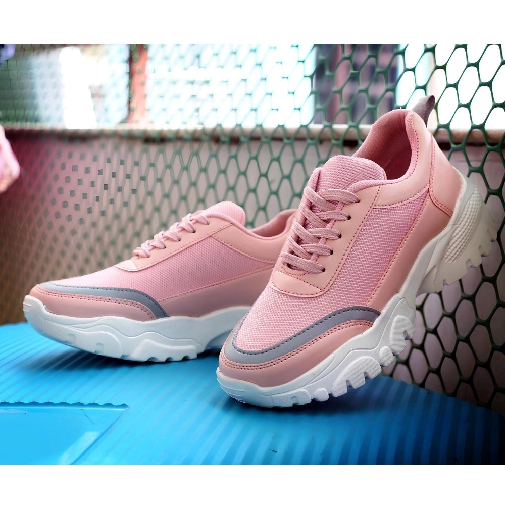 Pink mesh print sneakers, casual shoes for women