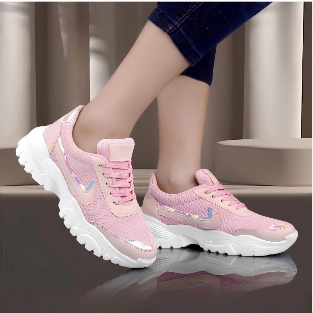 Pink mesh lace-up shoes with printed pattern, comfortable Lycra inner material, Airmix sole for women's casual wear