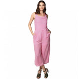 Pink striped jumpsuit, polyester material, sleeveless design