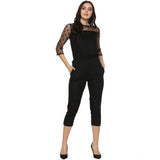 Black self-design women's jumpsuit with 3/4 sleeves and polyester fabric
