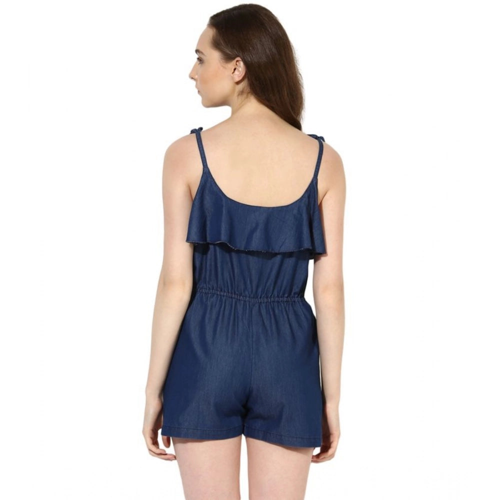 Blue denim jumpsuit with ruffled shoulder straps