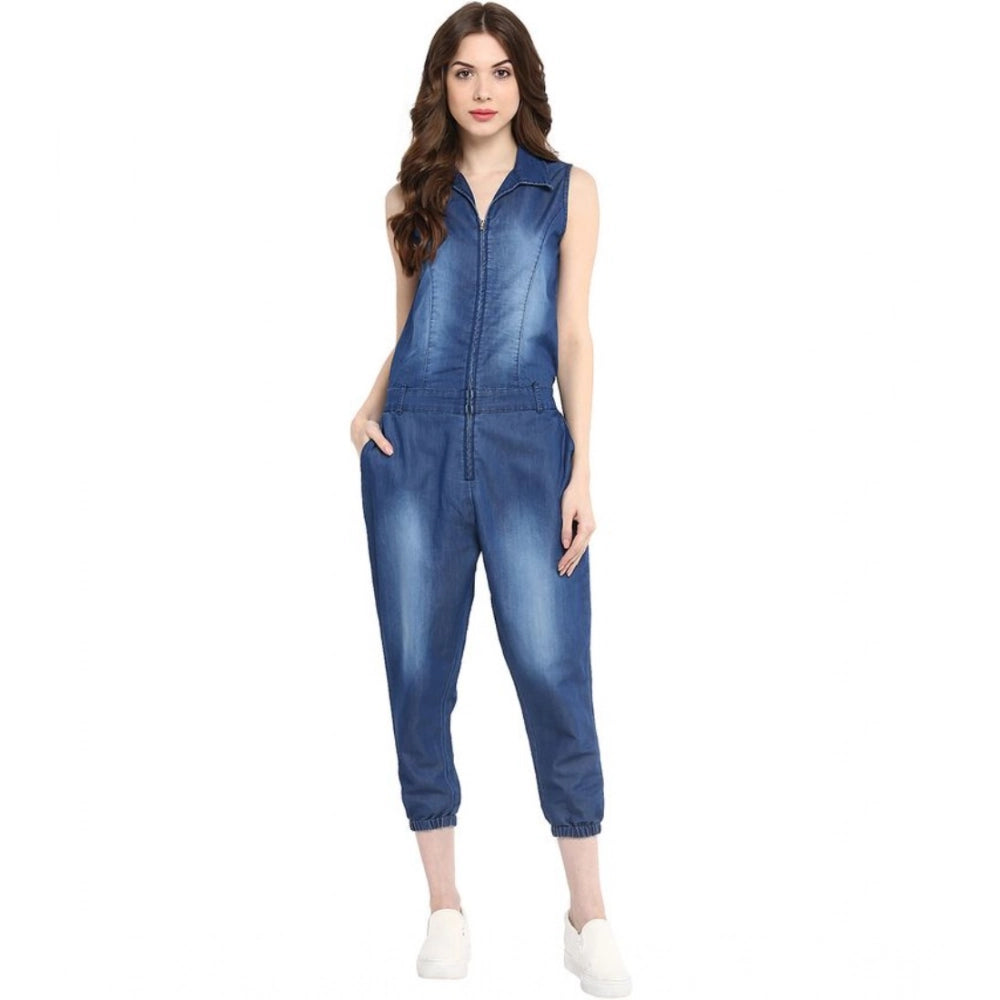 Solid blue denim jumpsuit with high waist and straight cut