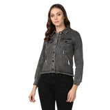 Long sleeved black denim jacket, distressed design