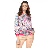 Women's satin floral three-quarter sleeve jacket with a pink lining