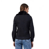 Women's long sleeve denim jacket with a faux fur collar
