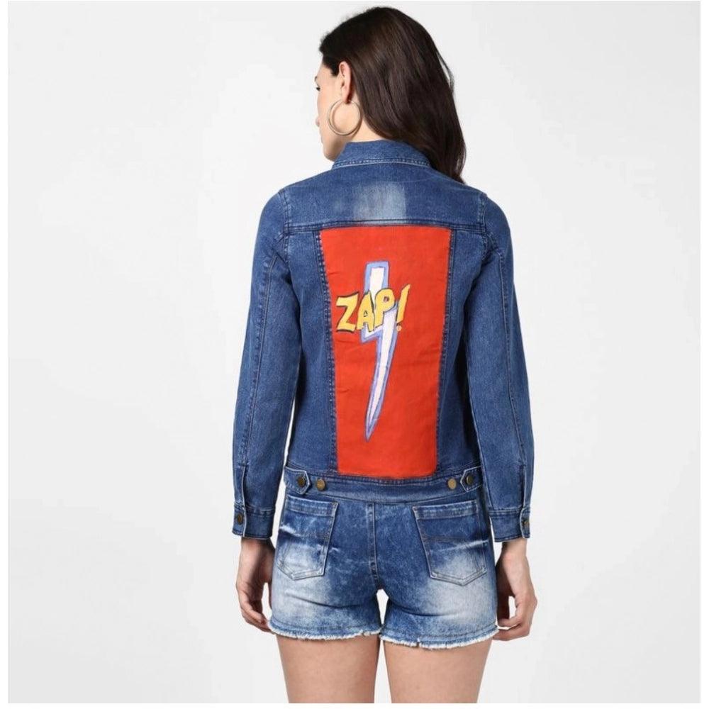 Women's denim jacket with blue fabric, long sleeves