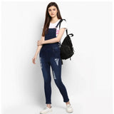 Denim dungaree pant in blue color, casual style, high waist, 3/4 length