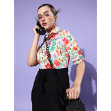 Multicolor polyester women's short sleeve jumpsuit, wide lapel, black trousers