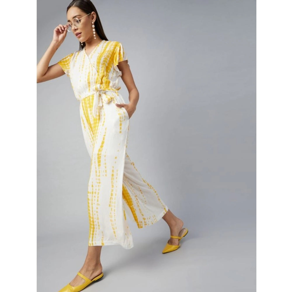 Yellow and white rayon striped jumpsuit, short sleeves