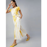 Yellow and white rayon striped jumpsuit, short sleeves