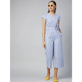 Blue cotton-polyester blend women's short sleeved jumpsuit