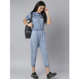 Blue denim jumpsuit with tie waist