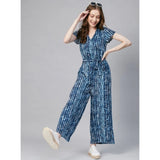Women's blue rayon tie-dye jumpsuit with short sleeves