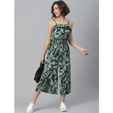 Black and green women's printed jumpsuit with shoulder straps, short sleeves, cropped flared pants