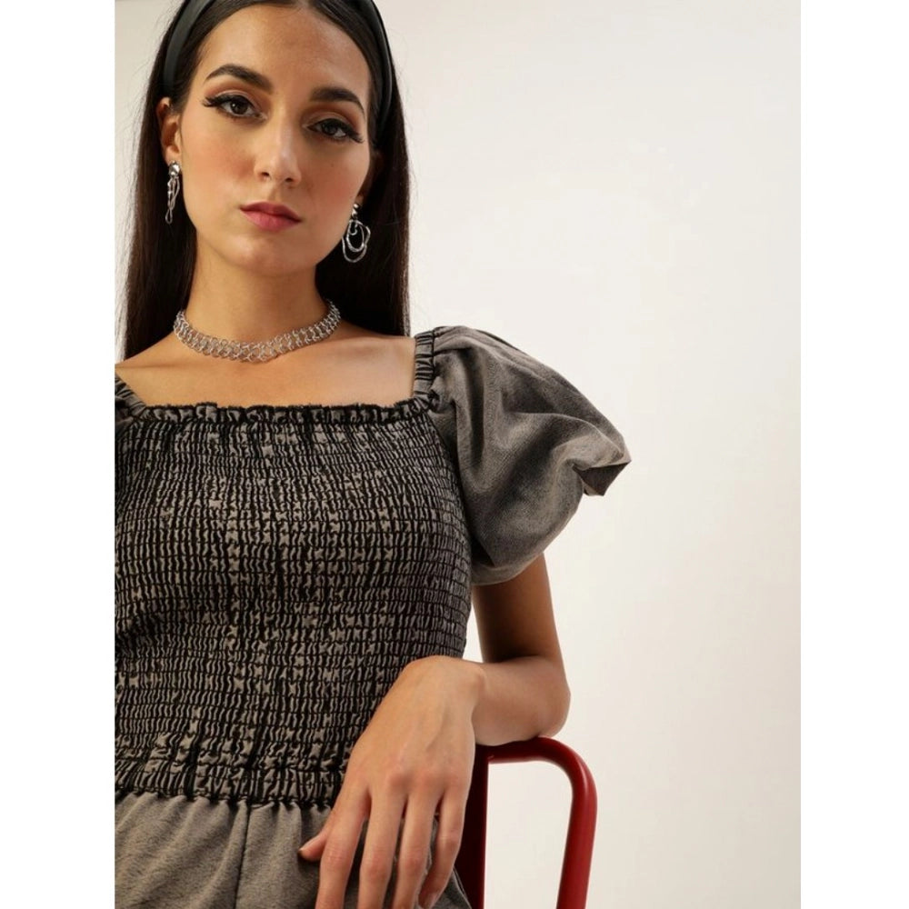 Women's black denim jumpsuit with balloon sleeves