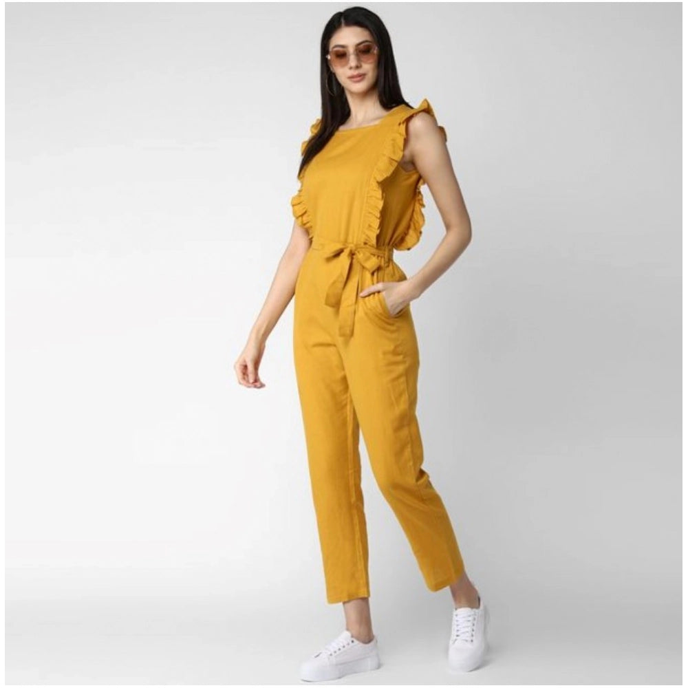 Yellow cotton jumpsuit with cold-shoulder design