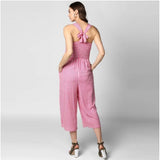Pink striped women's jumpsuit with high waist