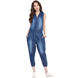 Women's blue denim jumpsuit with sleeveless style