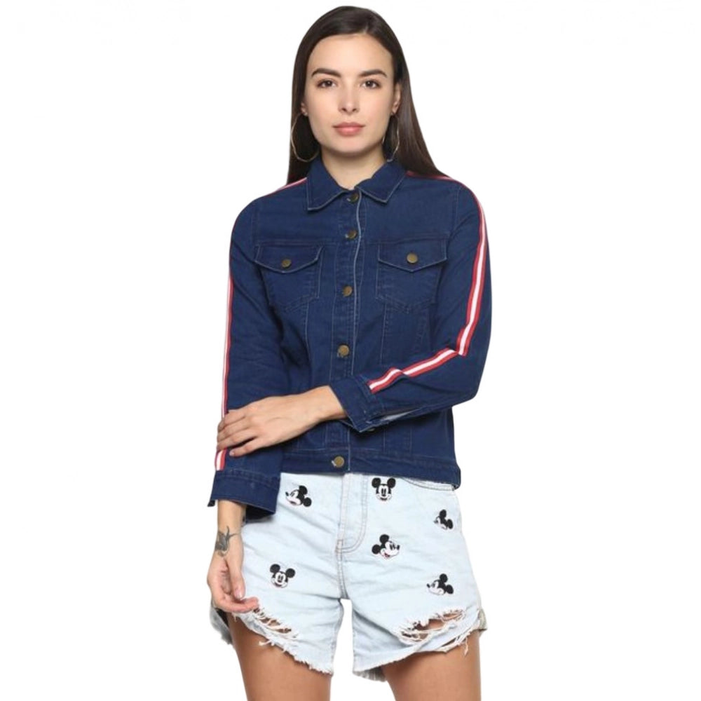 A blue women's denim jacket with long sleeves
