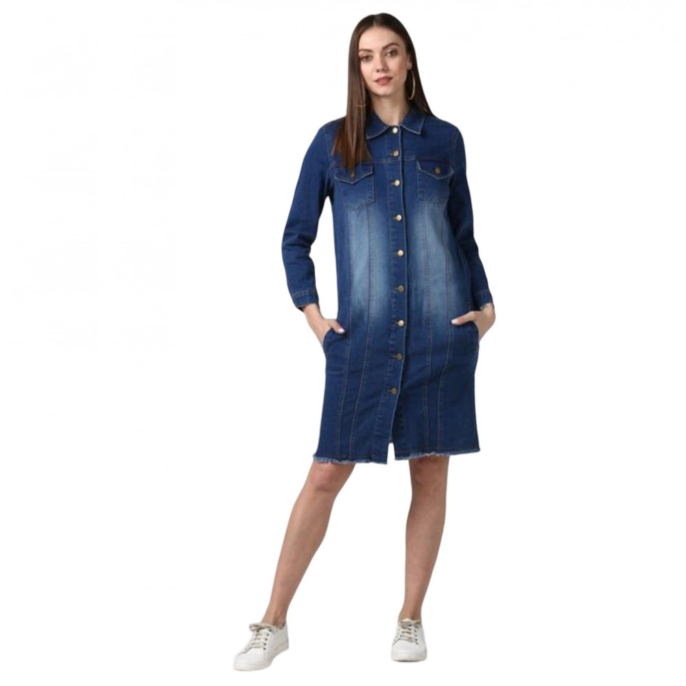 Navy blue long sleeve denim jacket, women's style