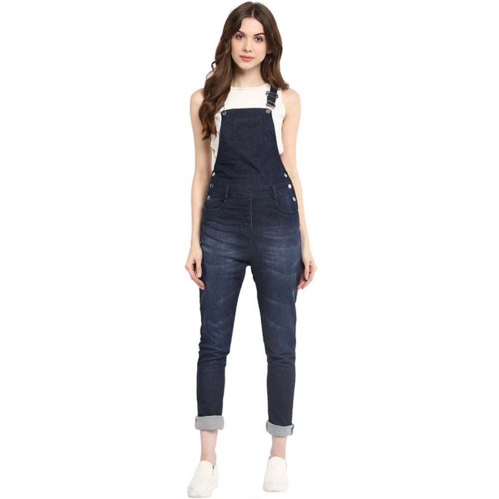 Women's blue denim solid dungaree pant